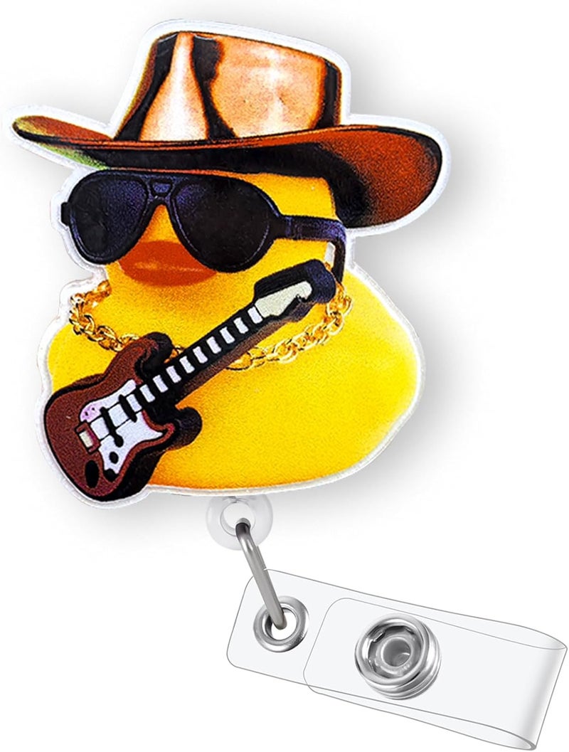 LEBEIGHT Funny Cowboy Rubber Duck Badge Reel Retractable for Nurse Nursing Student RN CNA LPN Medical Worker & Teacher, Cute Rock Star Rubber Duck Badge Clip, Western Badge Holder with Alligator Clip | Acrylic - Image 1